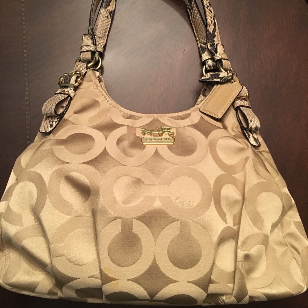 Coach Beige Signature Satchel with Snake-Print Trim